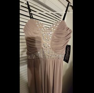 Taupe color long junior Prom dress